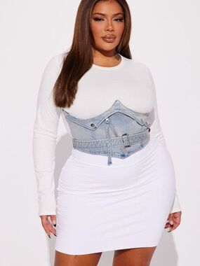 Fashion Nova White Long-Sleeve Top with Light Blue Denim Corset